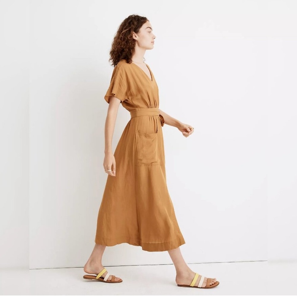 Madewell Linen-Blend Dolman Sleeve Tie-Waist Midi Dress Toffee/Mustard size 6 - Picture 10 of 11